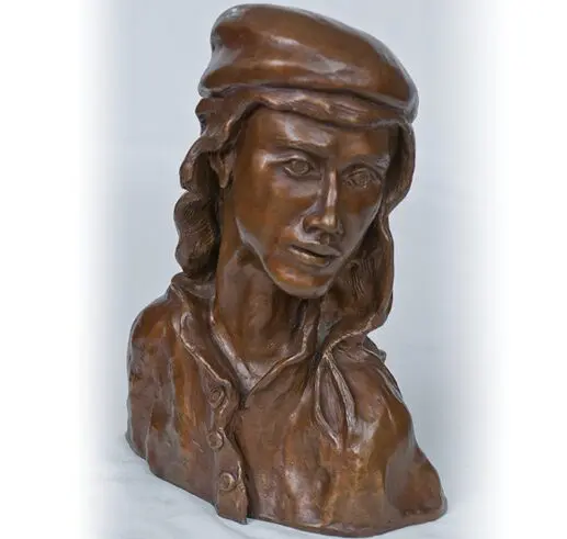 Bronze bust of a woman with braided hair and a hat.