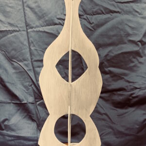 Wooden stringed instrument with two circular sound holes.