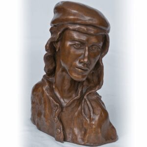 Bronze bust of a woman with braided hair and a hat.