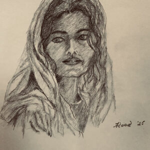 Pencil sketch of a woman with a headscarf.