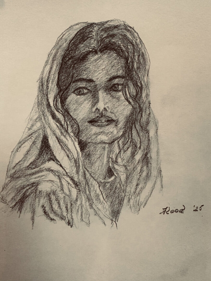 Pencil sketch of a woman with a headscarf.