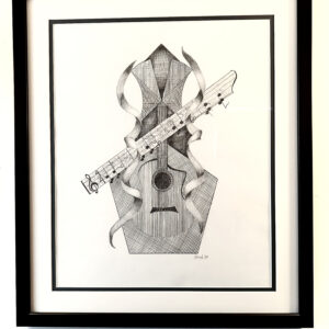 Monochrome abstract art combining musical instruments and geometric shapes.