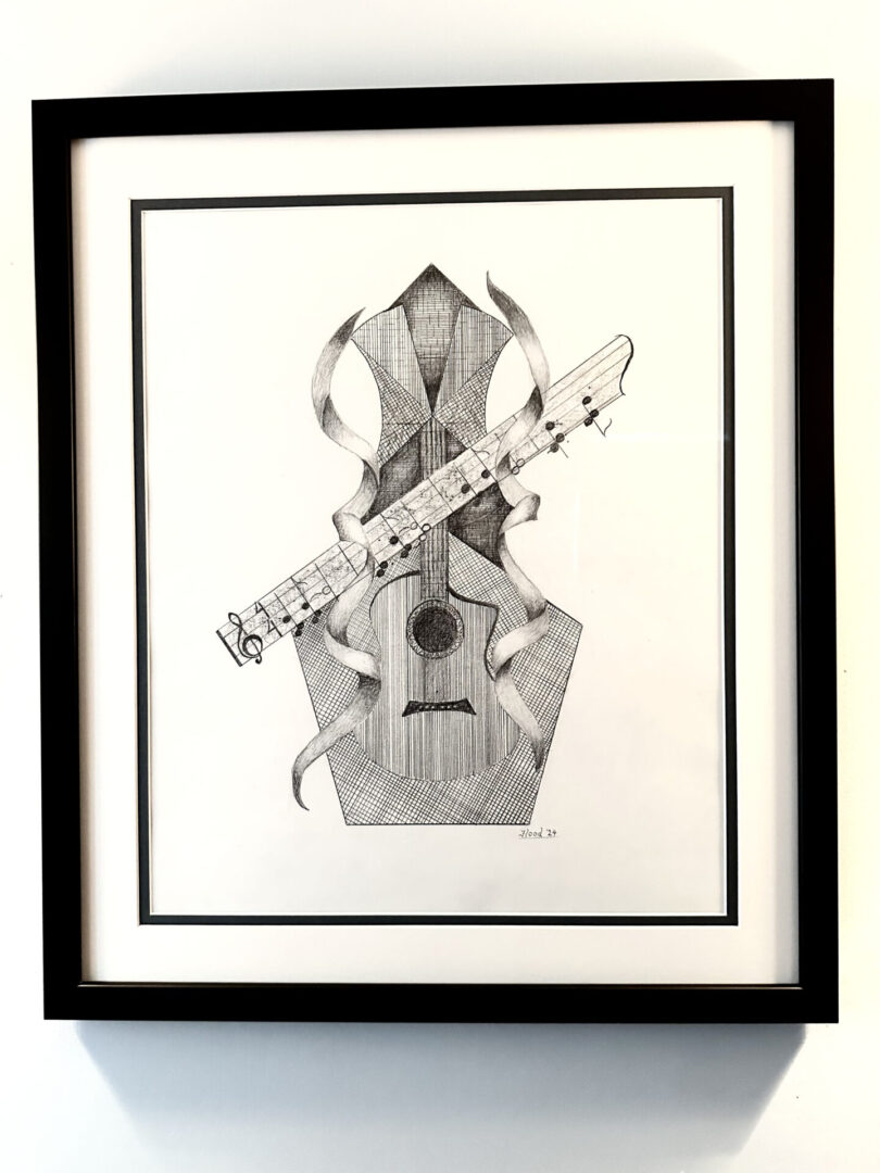 Monochrome abstract art combining musical instruments and geometric shapes.